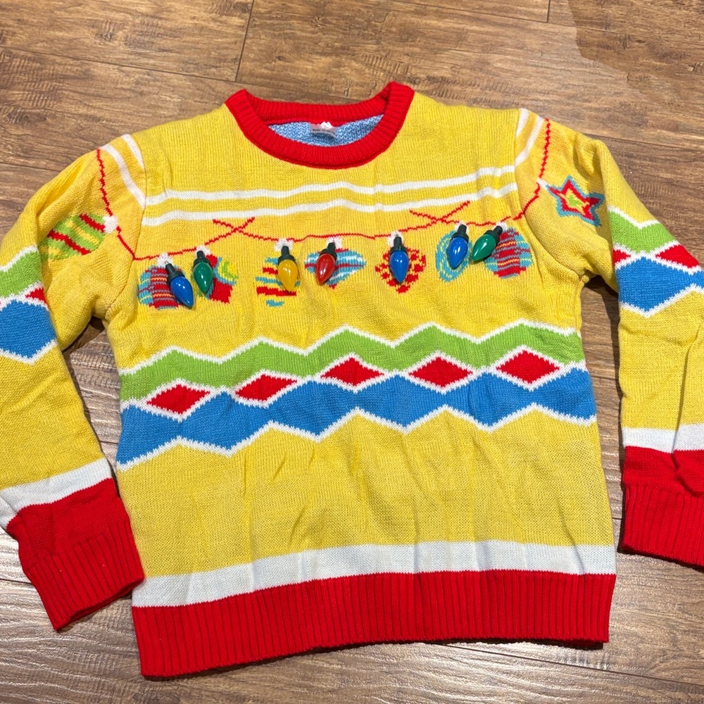 Festive Yellow light up Christmas Sweater with Colorful Patterns